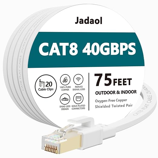Jadaol Cat 8 Ethernet Cable 75 ft, 40Gbps 2000MHz Flat RJ45 S/FTP LAN Patch by Jadaol