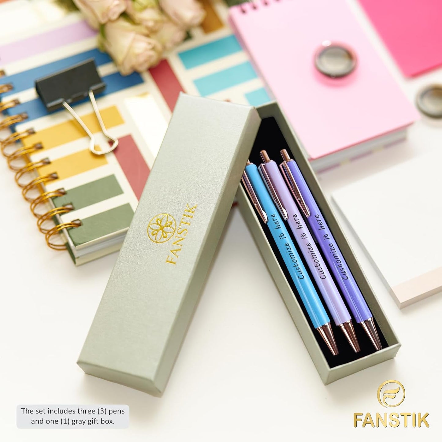 Customized BallPoint 3-pack pens set with name (MADE IN USA), Fancy Pen Set for Women, Thank you gift for woman, Luxury engraved pens personalized for women, (BallPoint Fancy Set)