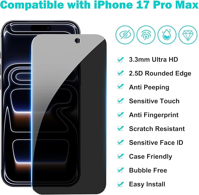 PEHAEL 3+3 Pack for iPhone 17 Pro Max Privacy Screen Protector - Image 2