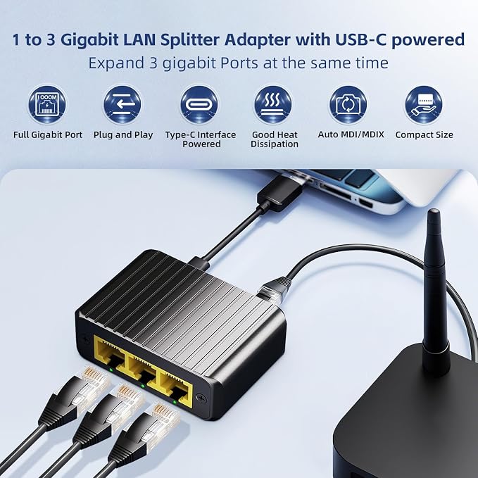 Binardat 1 to 3 Gigabit Network Splitter, 4 Port Ethernet Switch, Type-C Power - Image 2