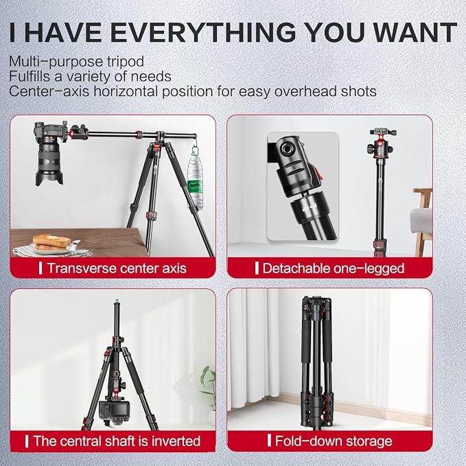FreeSea 72 inch Camera Tripod, Transverse Center Column Aluminium DSLR Tripod - Image 7