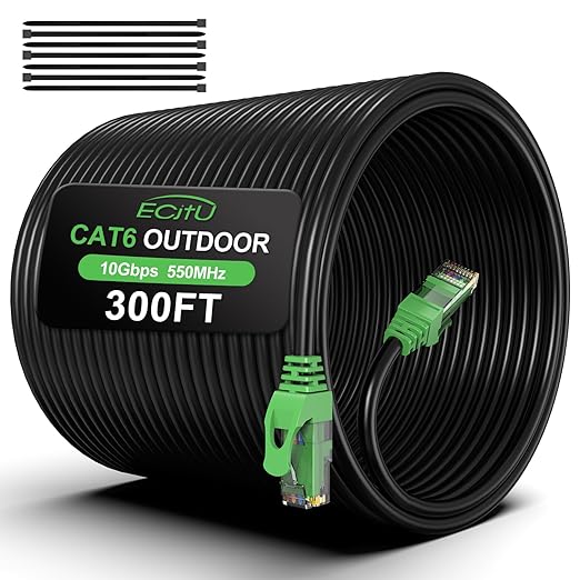 300FT Cat6 Outdoor Ethernet Cable, Heavy Duty Direct Burial, 24AWG CCA Patch by ECJTU-US