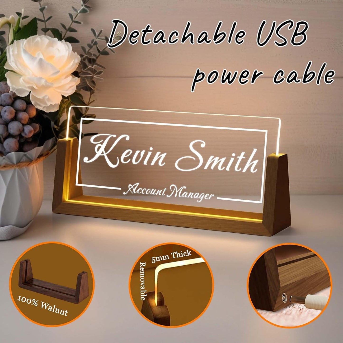 Personalized Desk Name Plate with LED Light & Wooden Base, Custom Acrylic Name Sign | Custom Office Decor & Appreciation Gifts for Boss Coworkers, New Job Promotion Gift (Style 2)
