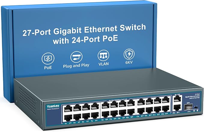 24 Port Gigabit PoE Switch Unmanaged, YuanLey 27-Port Gigabit PoE by YuanLey