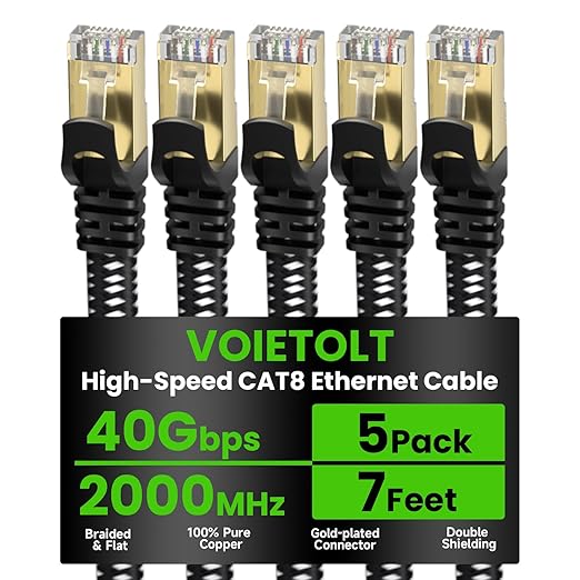 Cat 8 Ethernet Cable Flat 7 FT 5Pack, High Speed 40Gbps 2000Mhz Braided by EthernetCable