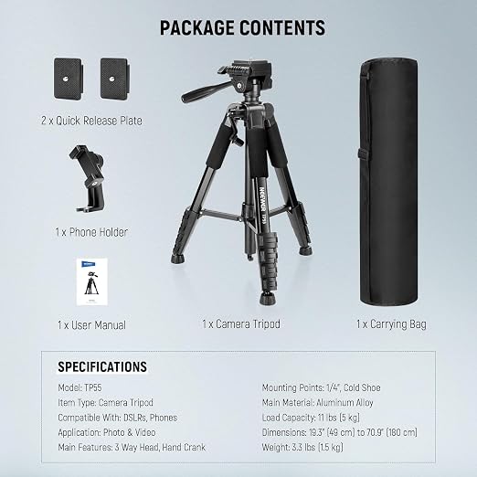 NEEWER BASICS Camera Tripod, Professional Aluminum Lightweight Portable Travel - Image 8