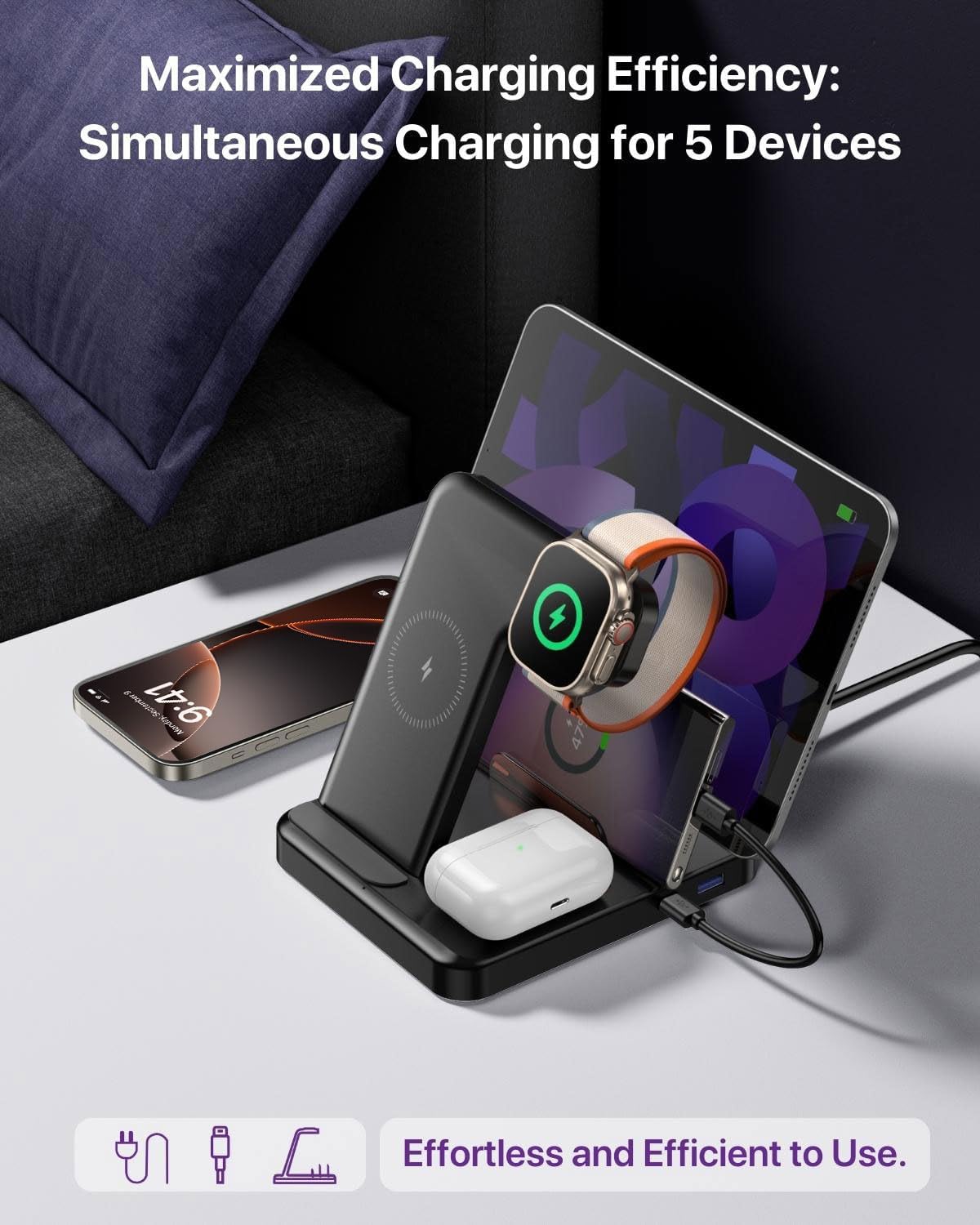 Intoval 5-in-1 Charging Station, for iPhones 17/17 Pro/17 Pro Max and Androids, iPad Pro/Air/Mini, Apple Watch 11/Ultra 3/Ultra 2/Ultra/10/9/8/7/SE, Wireless Charging Dock for Multiple Devices (Black)
