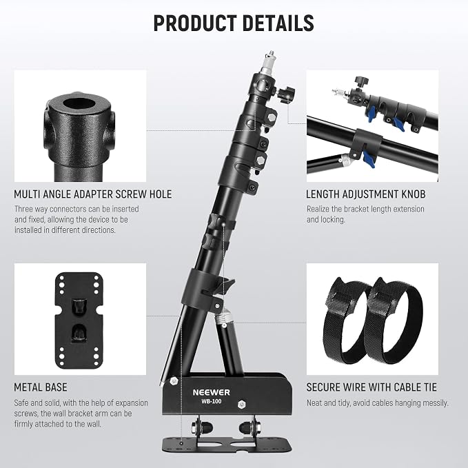 NEEWER Ring Light Wall Mount Boom Arm, Aluminum Alloy, 6.6lb/3kg Capacity - Image 6