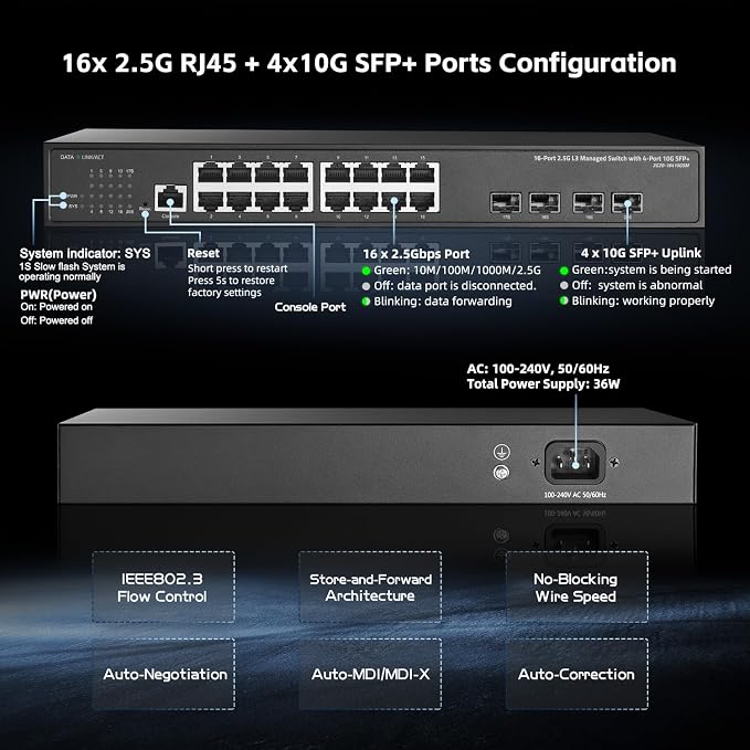 Binardat 20 Port 2.5G Web Managed Switch, 16x2.5G Ethernet, 4x10 Gigabit SFP - Image 4