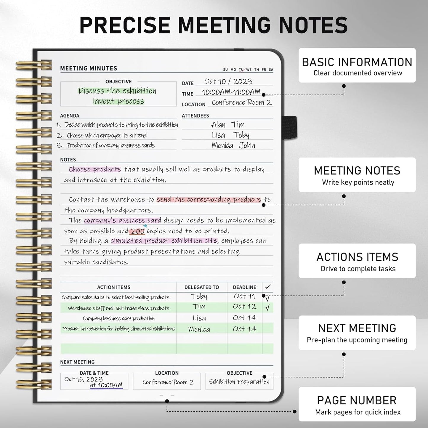 WEMATE 5 Pack Meeting Notebooks for Work（7"x10"） 200 Pages, PU Leather Notebook with Action Items & Note, For Staff & Students, Meeting, Projects Planning- Black, Blue, Green, Olive Green, Dark Blue