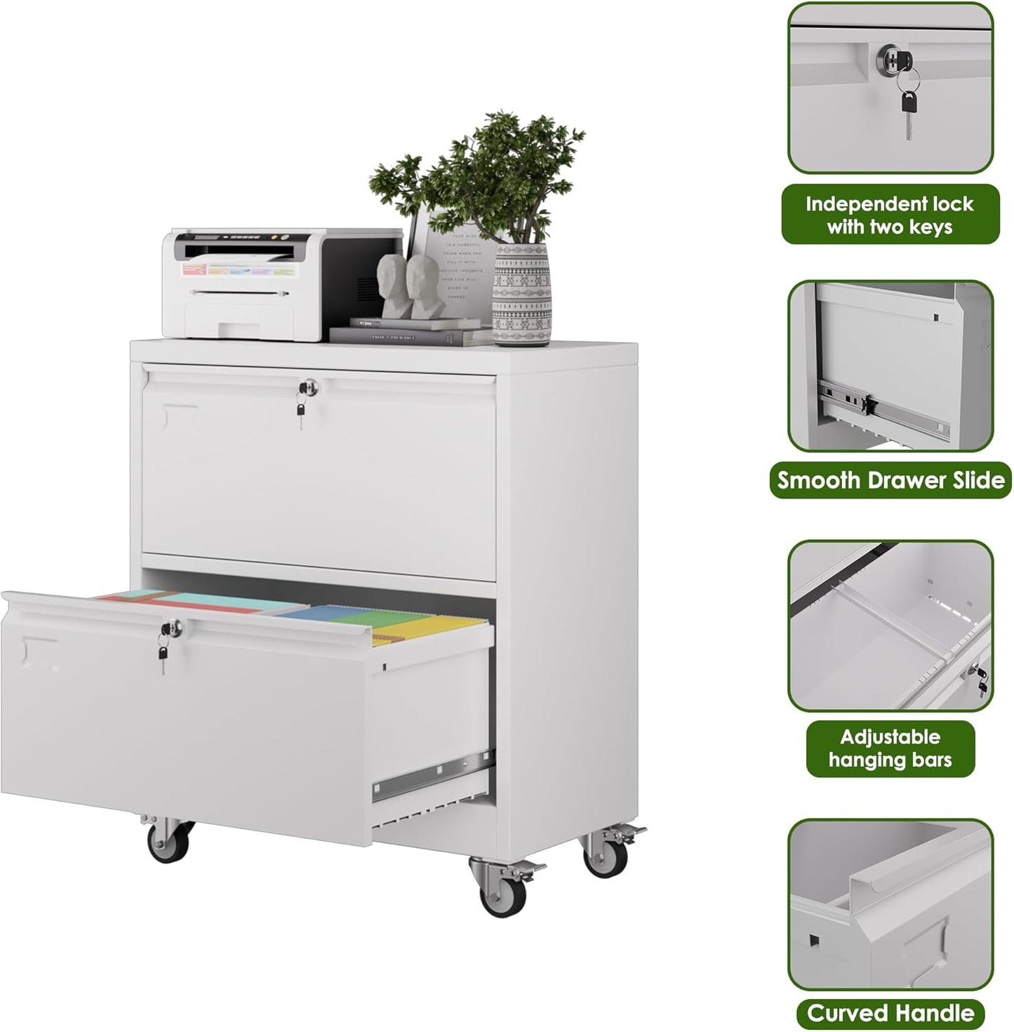 Aobabo 2 Drawer Wide File Cabinet with Wheels, Lockable Metal Filing Cabinet for Home Office, Legal/Letter Size,White,Required Assembled,15.87" D x 28.94" W x 34" H