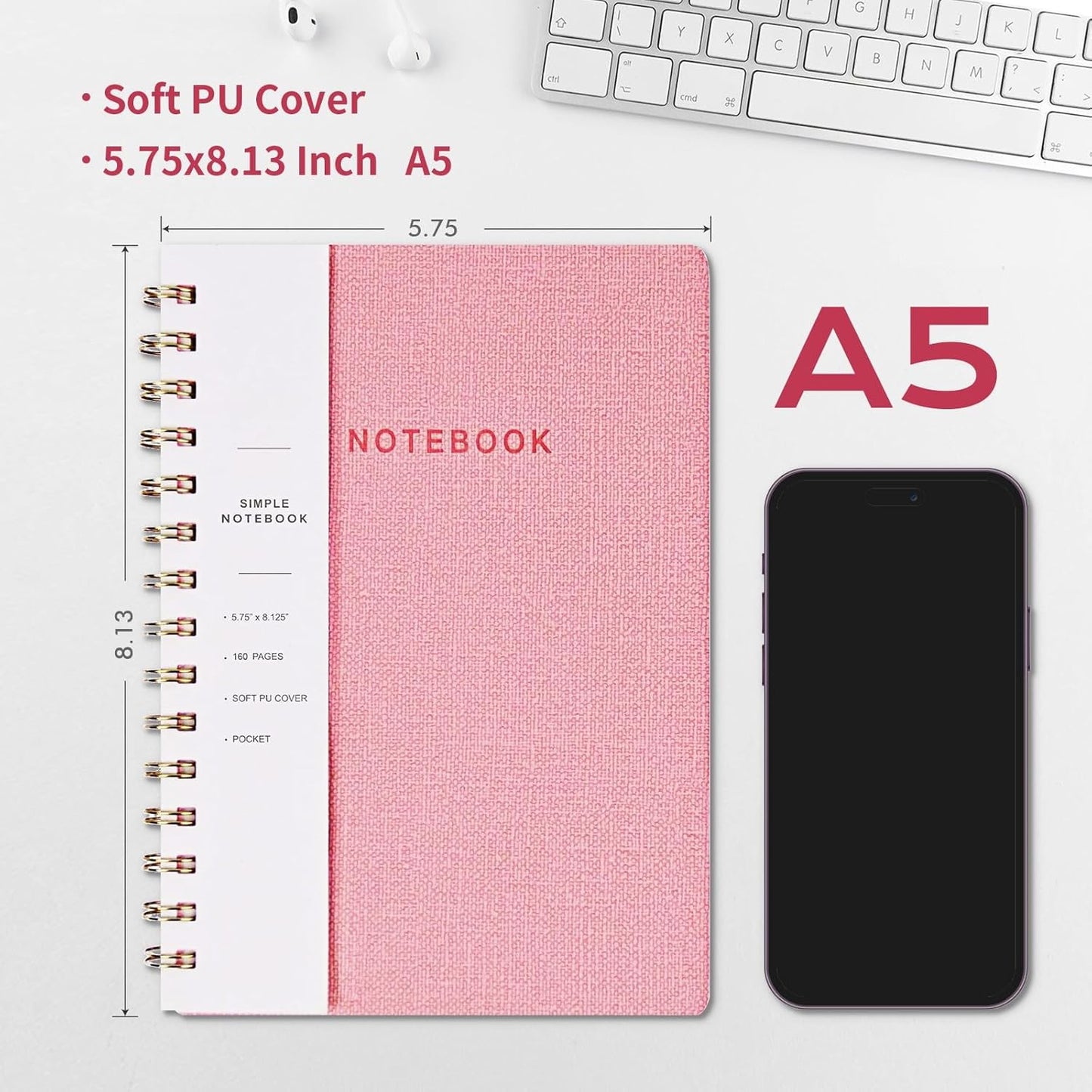 Lined Spiral Notebook College Ruled A5 Journal Book for Note Taking, 160 Pages Writing Journal for Office and Home School Supplies 5.75 x 8.125 inch (6pack-3Reefblue/3Pink)