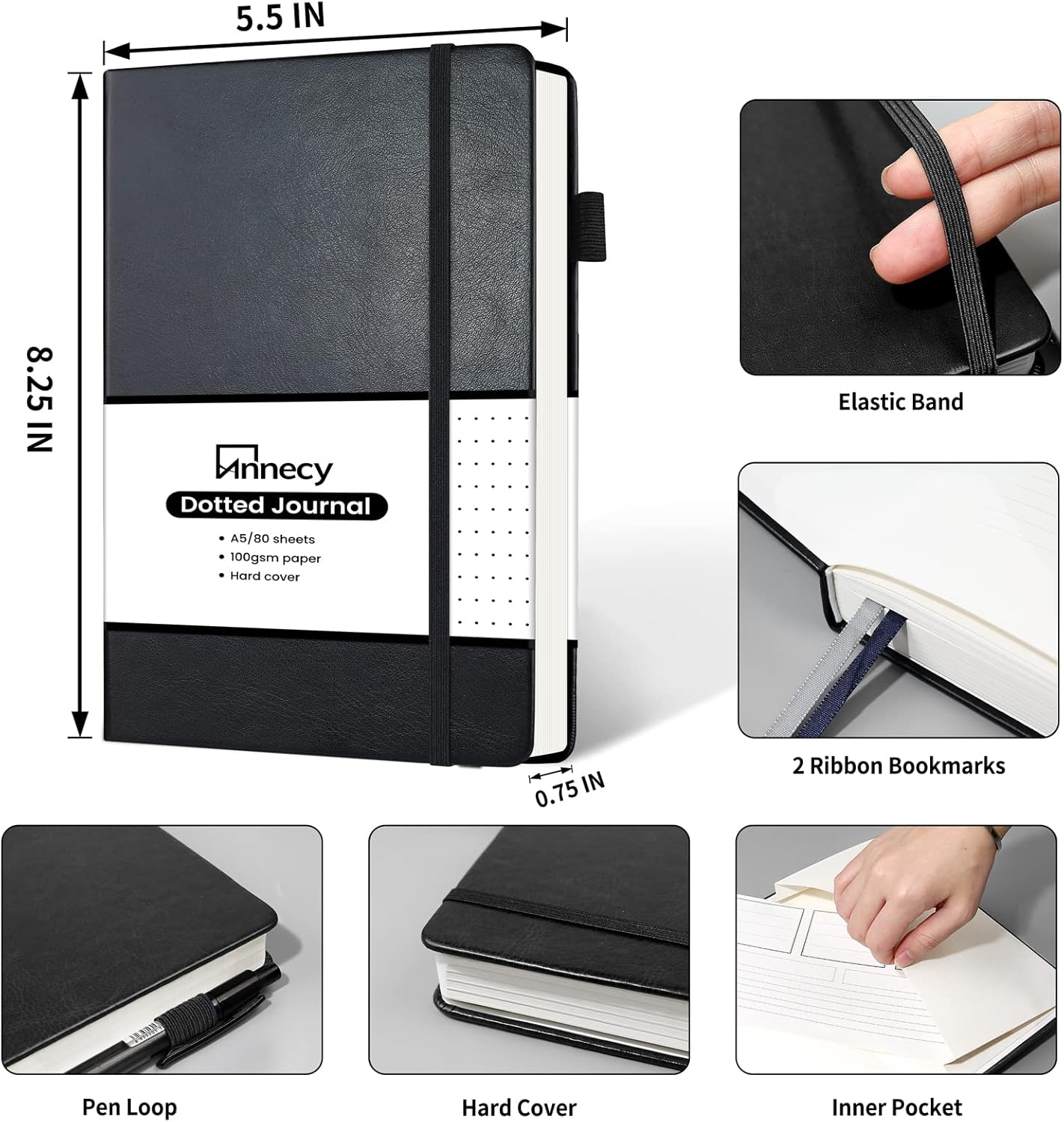 Annecy Numbered Bullet Dotted Journal Notebook, Medium 5.5x 8.25, 160 Pages 100GSM Writing Paper, A5 Black Faux Leather Cover with Pen Loop