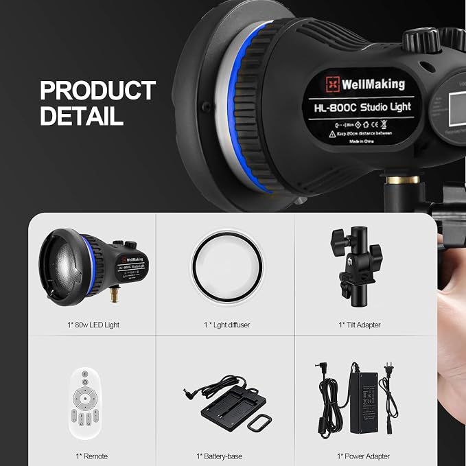 Wellmaking 80W Portable LED Light Continuous Light COB Spotlight Video Light - Image 4
