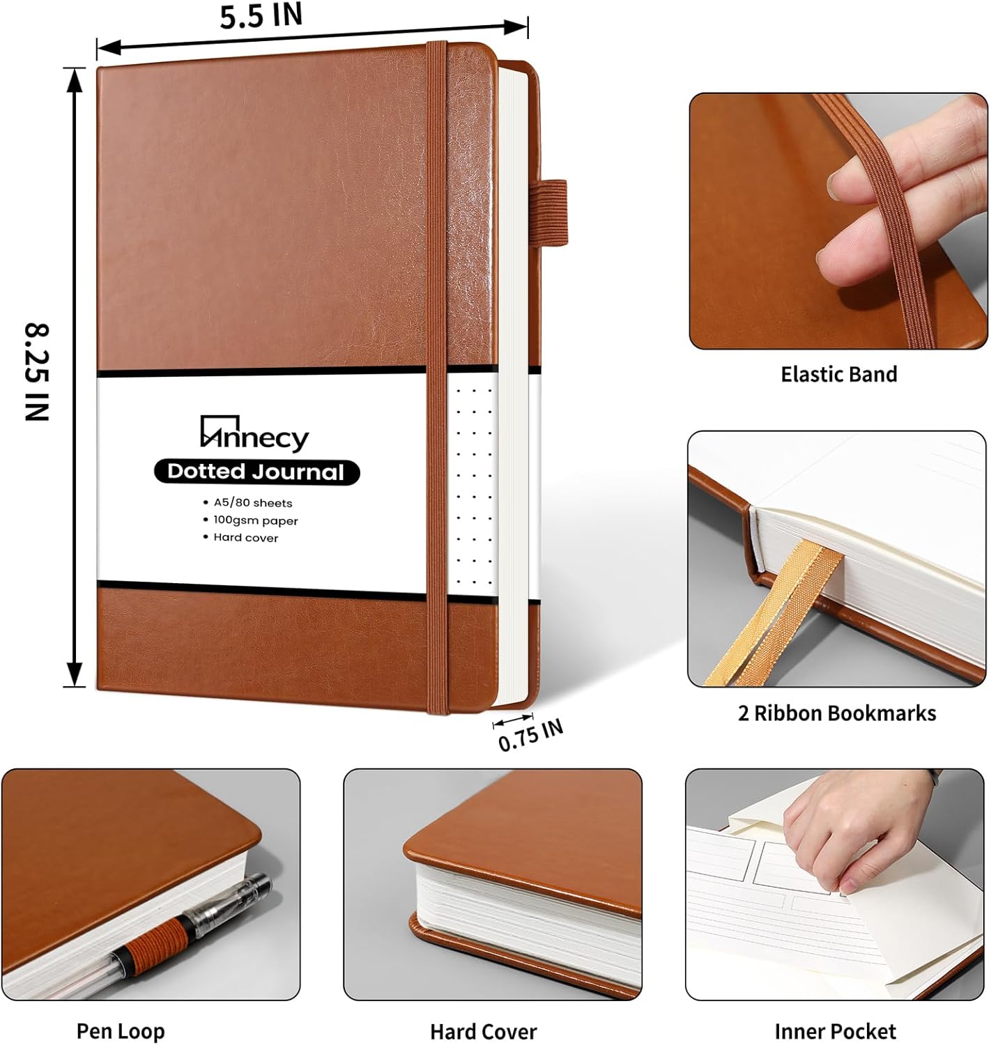 Annecy Numbered Bullet Dotted Journal Notebook, Medium 5.5x 8.25, 160 Pages 100GSM Writing Paper, A5 Brown Faux Leather Cover with Pen Loop