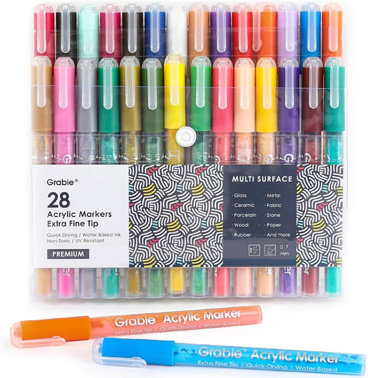 Grabie Acrylic Paint Pens Markers, 28 Colors, 0.7 mm, Extra Fine Tip Drawing Markers, Premium Paint Pens for Painting on Various Surface, Art Supplies