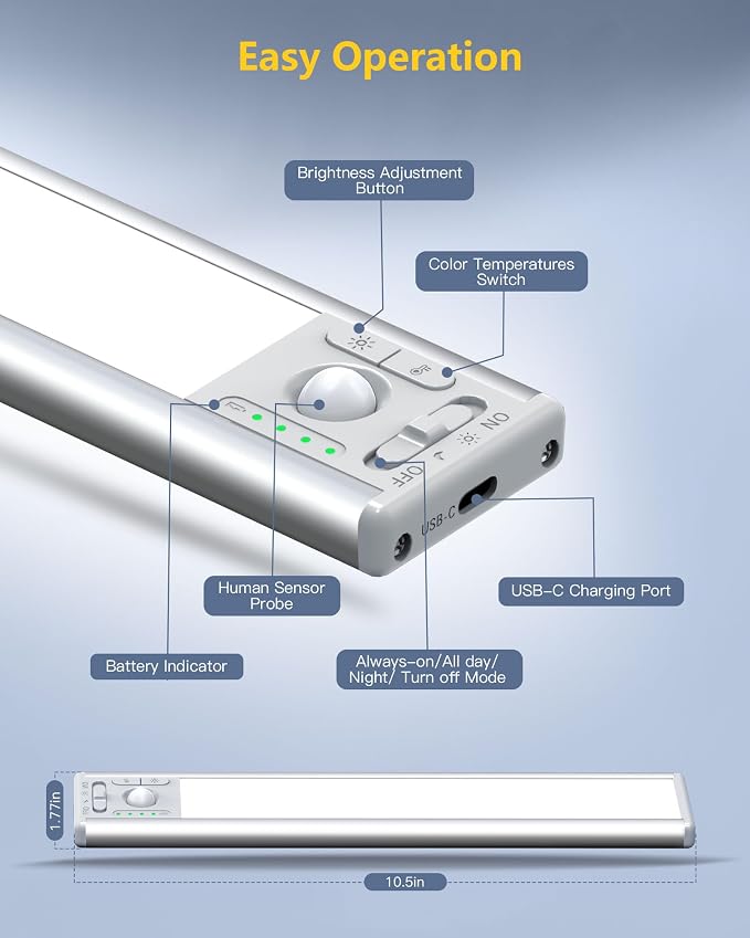 OTWKAY 10.5inch Under Cabinet Lighting, Rechargeable Closet Light - Image 7