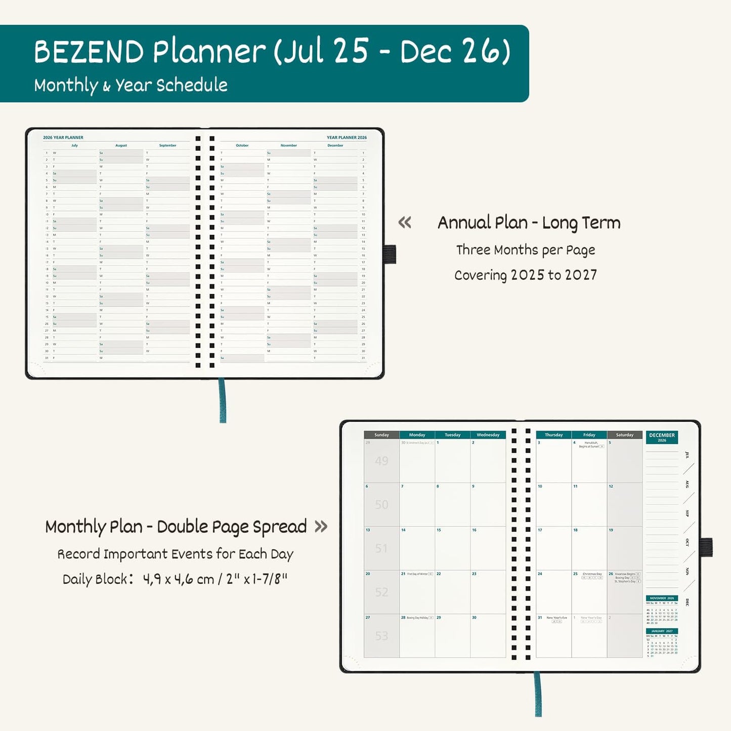 BEZEND Weekly Planner 2025-2026 with 2 Columns, 8.5" x 11" Academic Calendar 18 Months (Jul 25-Dec 26) Life Work Appointment Book with Monthly Tab, PU Leather Softcover Spiral - Black