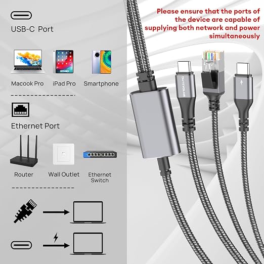 USB C to Ethernet Cable with Charging 10 Feet, USB-C Male 100W PD & Gigabit LAN - Image 2