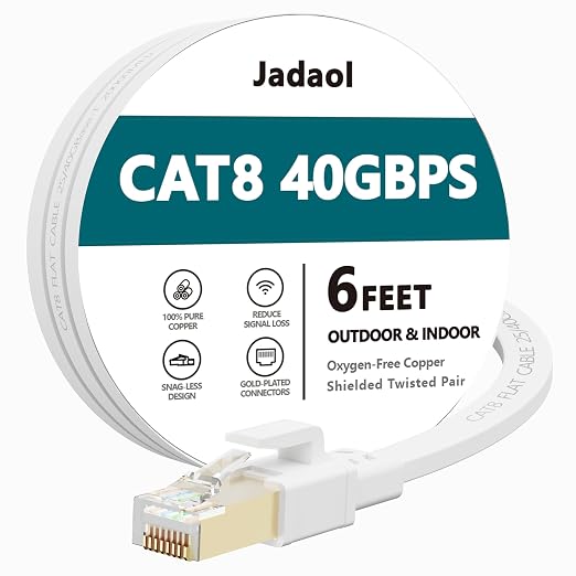 Jadaol Cat 8 Ethernet Cable 6 ft, 40Gbps 2000MHz Flat RJ45 S/FTP LAN Patch Cable by Jadaol