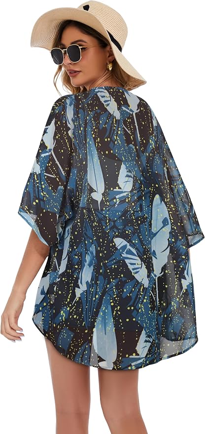 Women's Floral Print Puff Sleeve Kimono Cardigan Loose Cover Up Casual Blouse - Image 5