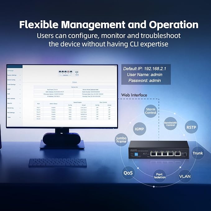 6 Port 2.5G PoE Managed Switch, 10G SFP+ Slot, IEEE802.3af/at 100W, Support - Image 6