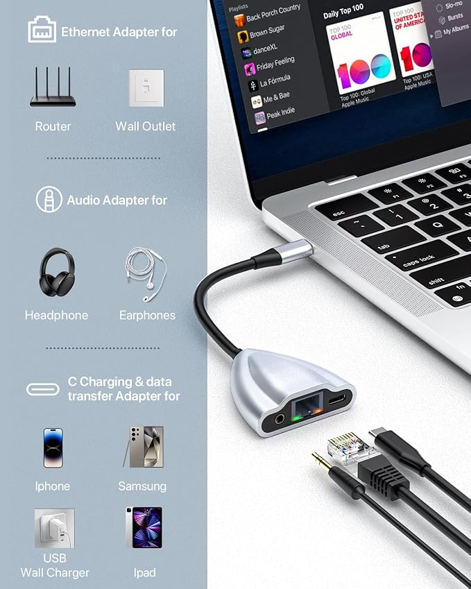 USB C Hub Multiport Adapter, 4 in 1 USB C Spliter to 3.5mm Audio, 1Gbps RJ45 - Image 8