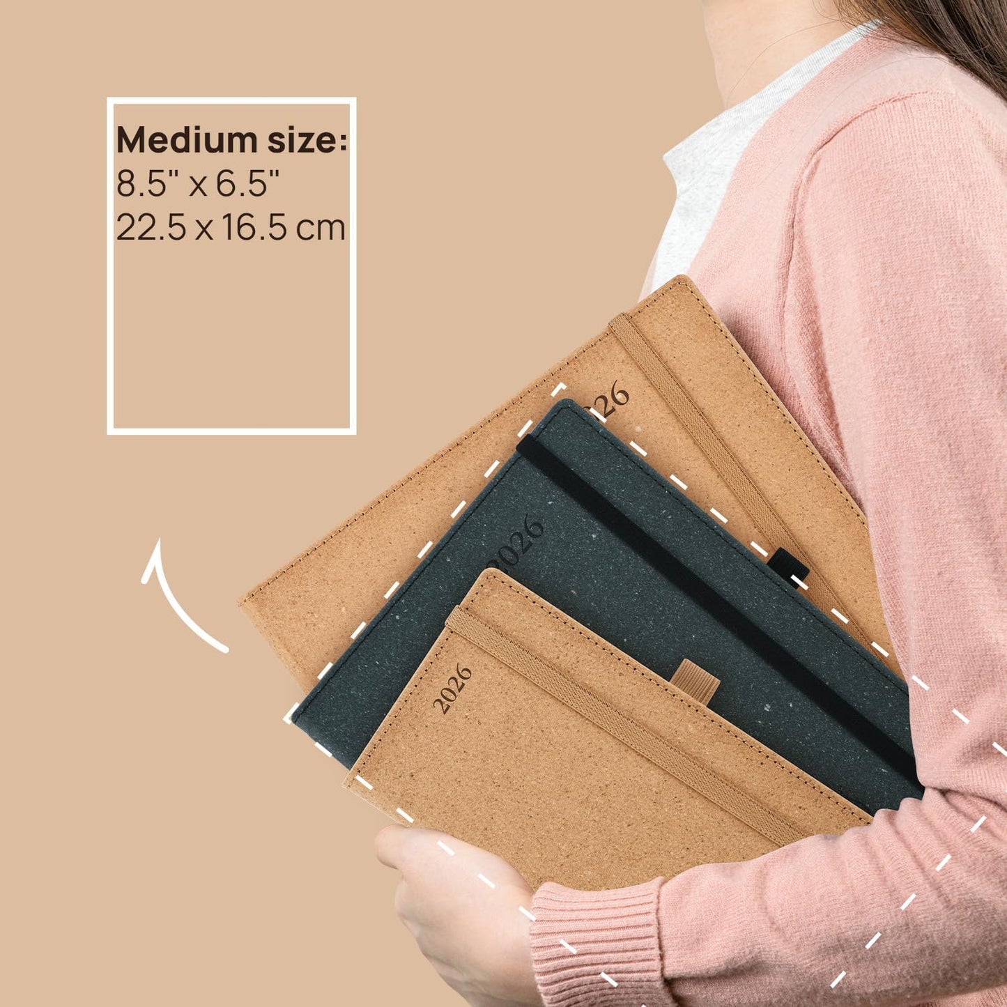 POPRUN 2026 Planner - 2026 Recycled Weekly Planner[6.5''x 8.5''- Italian Regenrated Leather Hard Cover] with Hourly Schedule & Vertical Weekly Layout, Monthly Tabs, Inner Pocket - Desert Brown