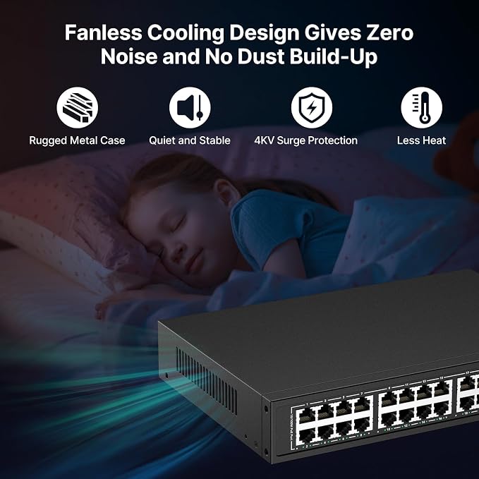 24 Port PoE Switch, 10/100Mbps PoE+ Ethernet Switch Unmanaged - Image 4
