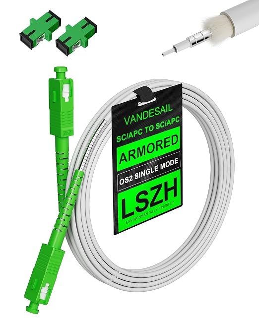 SC/APC to SC/APC Fiber Patch Cable 15M, Armored Single Mode Fiber Cable White by VANDESAIL