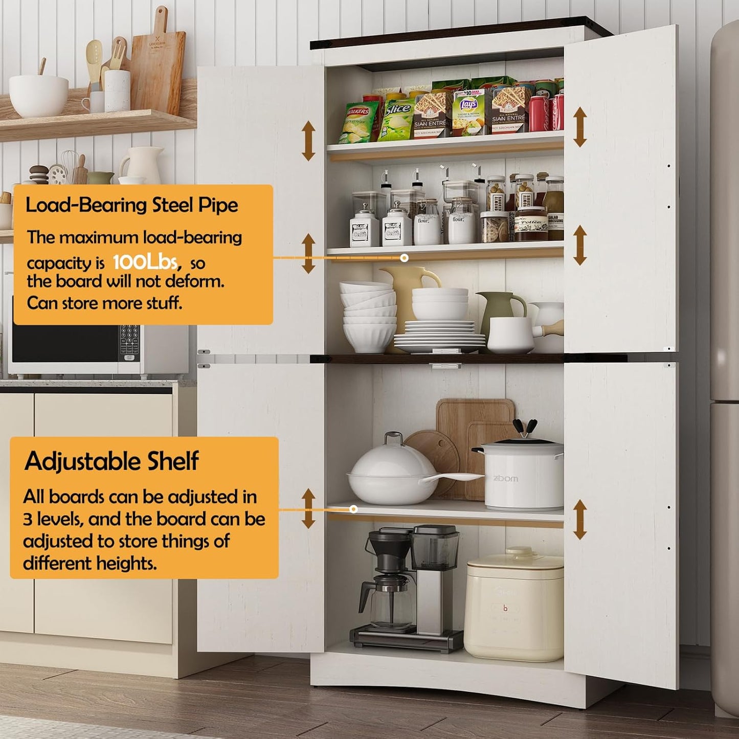 71in Farmhouse Kitchen Pantry Cabinet,Tall Storage Cabinet with 4 Doors and Adjustable shelves,with Load-Bearing Steel Pipe,Wood Storage Cabinets for Kitchen,Dining Room,Bathroom(White)