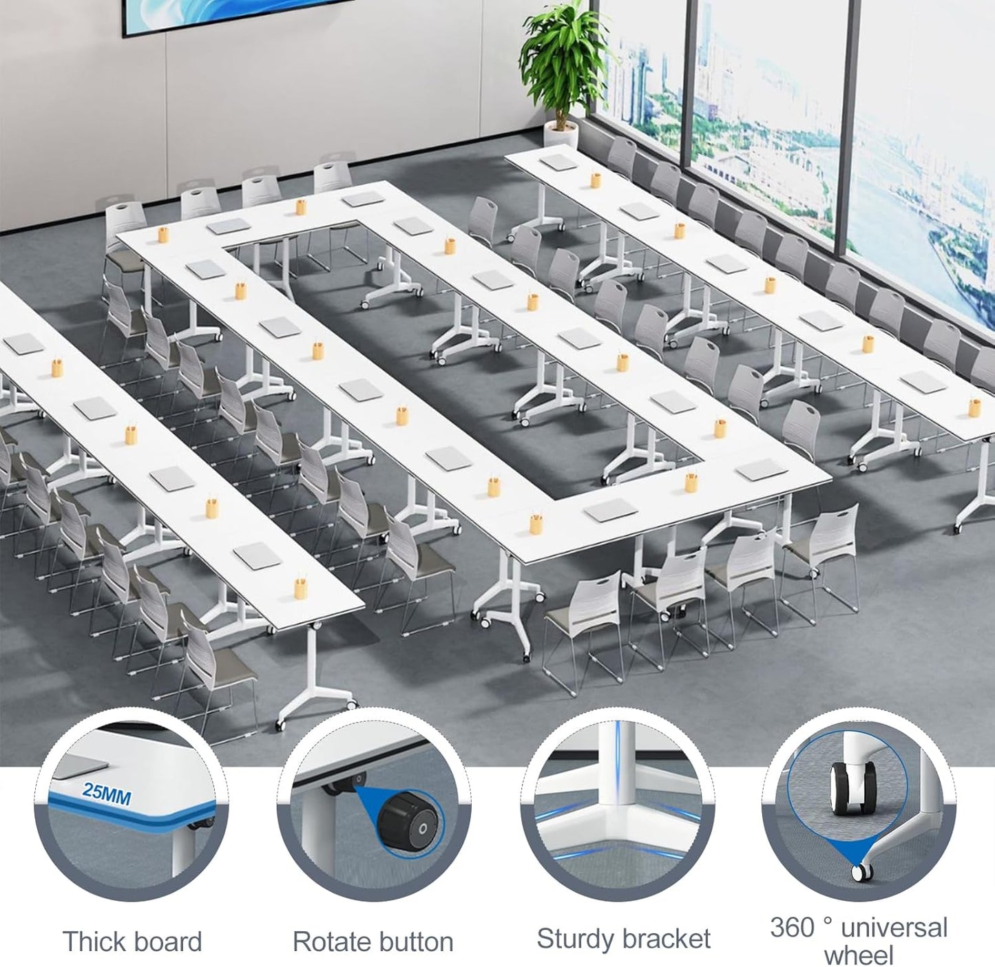 Folding Conference Room Table, Modern Mobile Training Table with Wheels, White Foldable Seminar Meeting Tables for Office Corporations (2pack 47.2in)