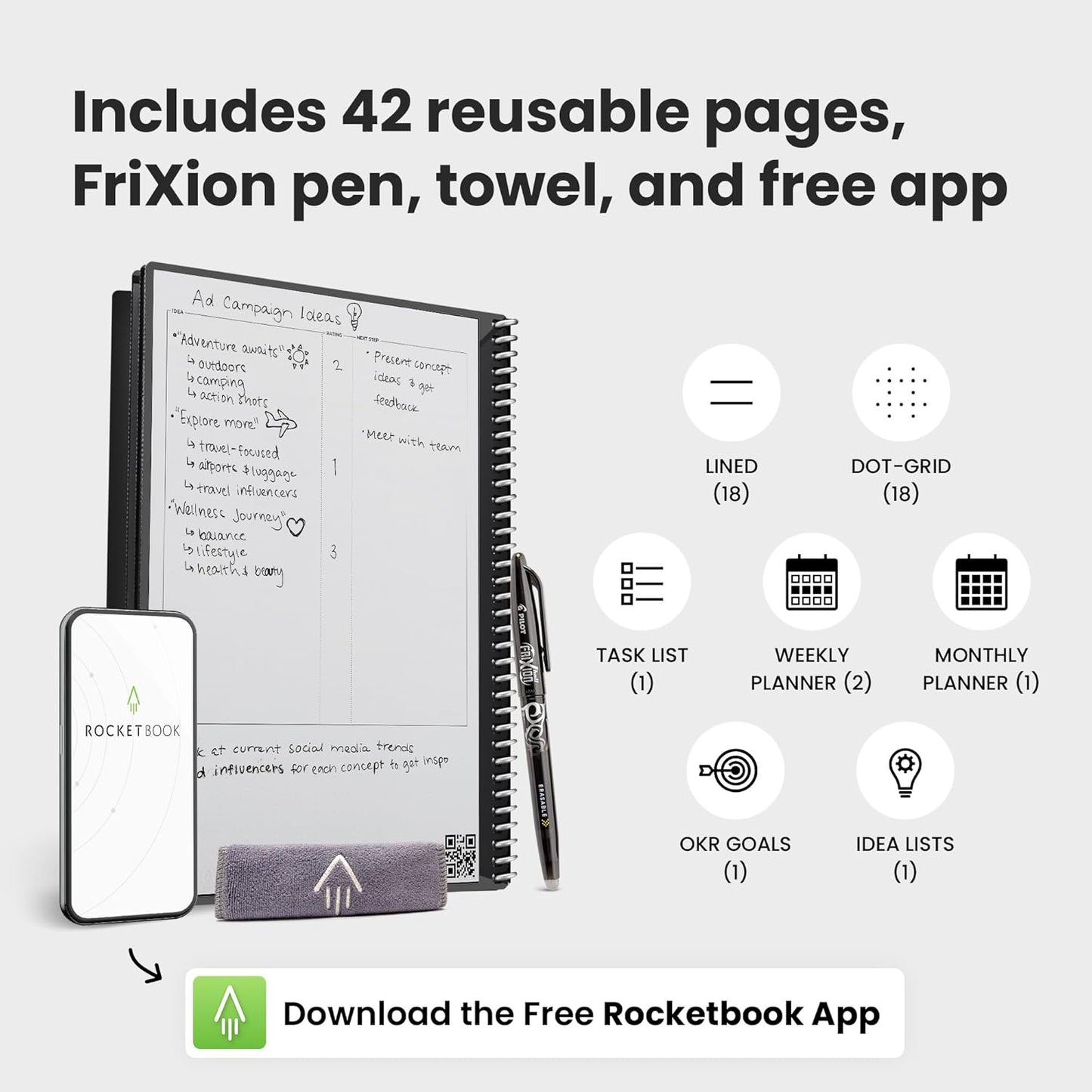 Rocketbook Fusion Reusable Undated Productivity Planner, Letter Size 8.5x11, Maroon - Goals, Monthly and Weekly Calendar, Daily To-do List, Lined and Dotted Notes Pages