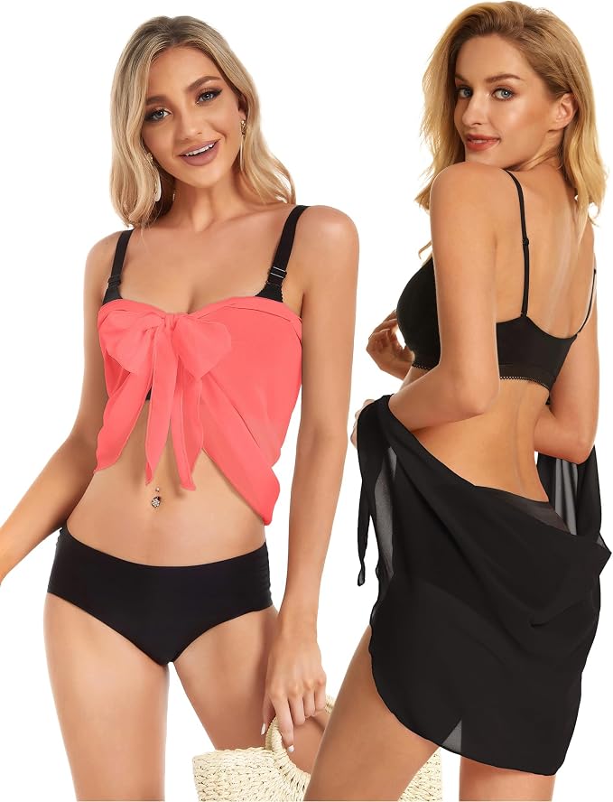 CHICGAL 2 Pieces Women Beach Sarong Bathing Suit Wrap Skirt Sheer Bikini - Image 2