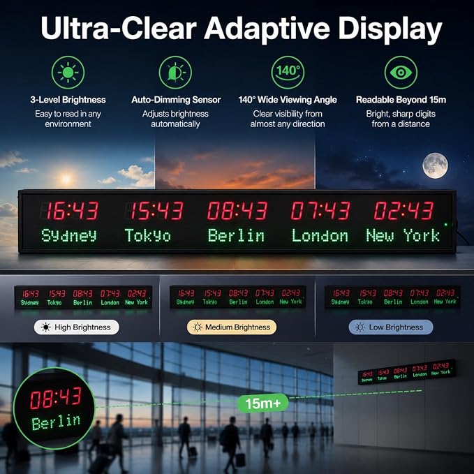 LED World Clock 5 Time Zones, WiFi Auto-Sync Digital Wall Clock, Wide Viewing - Image 7