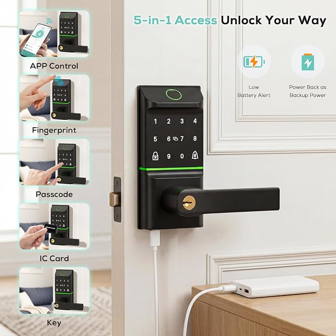Smart Door Lock Keyless Entry, 6-in-1 Biometric Deadbolt w/Fingerprint - Image 3