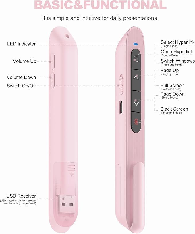 2-in-1 USB-A & USB-C Presentation Remote – Pink Wireless PowerPoint Clicker - Image 5