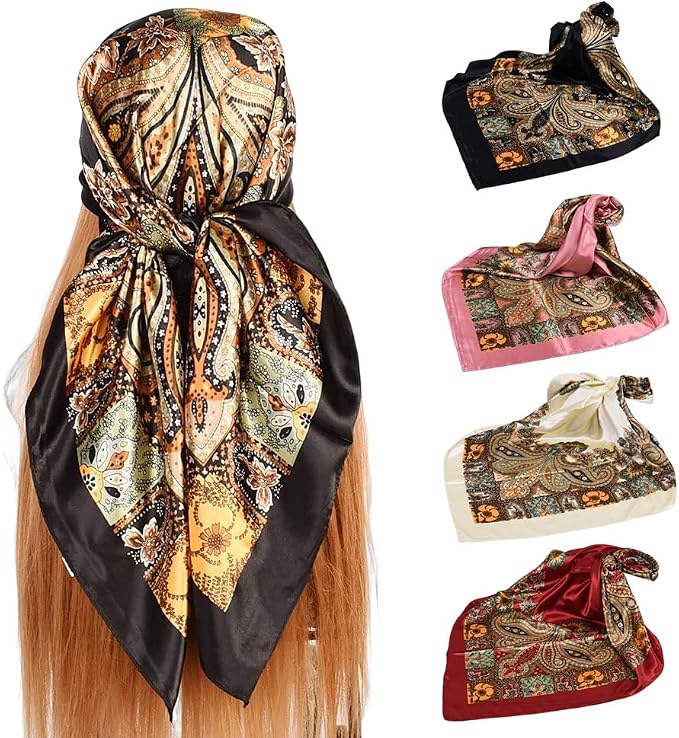 4Pcs Silk Head Scarves for Women Satin Hair Scarf 35”Large Square Bandana Silk by Upeilxd