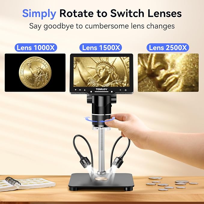 TOMLOV TriL107 3-Lens Digital Microscope: 7" 2500X 2K HD Coin Microscope - Image 2