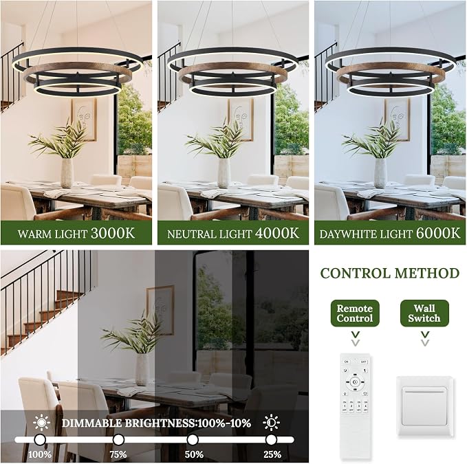 3 Ring LED Chandelier Black Round Chandelier Light Fixture Dimmable Farmhouse - Image 7
