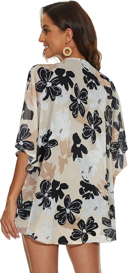 Women's Floral Print Puff Sleeve Kimono Cardigan Loose Cover Up Casual Blouse - Image 6