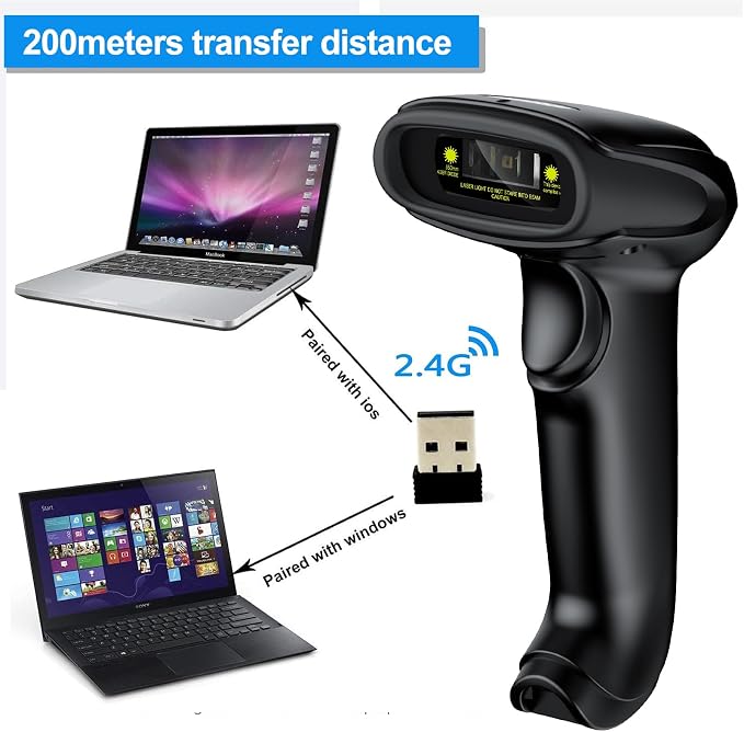 USB Wireless Barcode Scanner, Symcode 2.4GHz Handheld Automatic 1D Laser - Image 2
