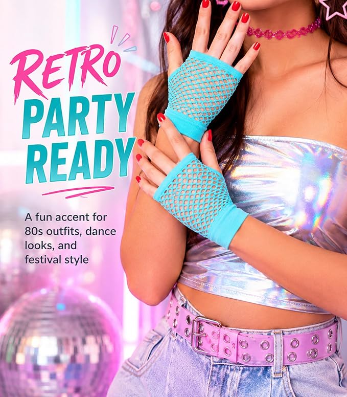 Seeksmile Women's Girls 80's Theme Party Emo Fingerless Arm Fishnet Gloves - Image 4