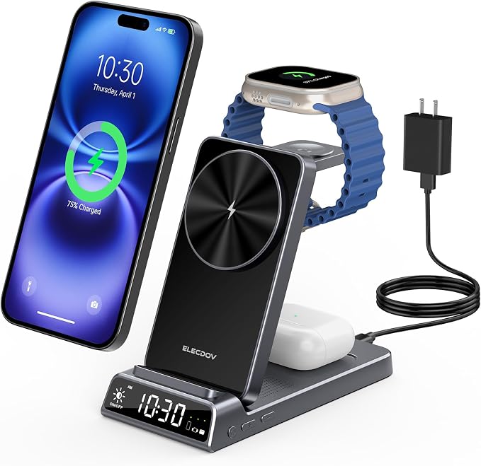 3 in 1 Charging Station for Apple, ELECDOV Magnetic Charger for iPhone by Elecdov