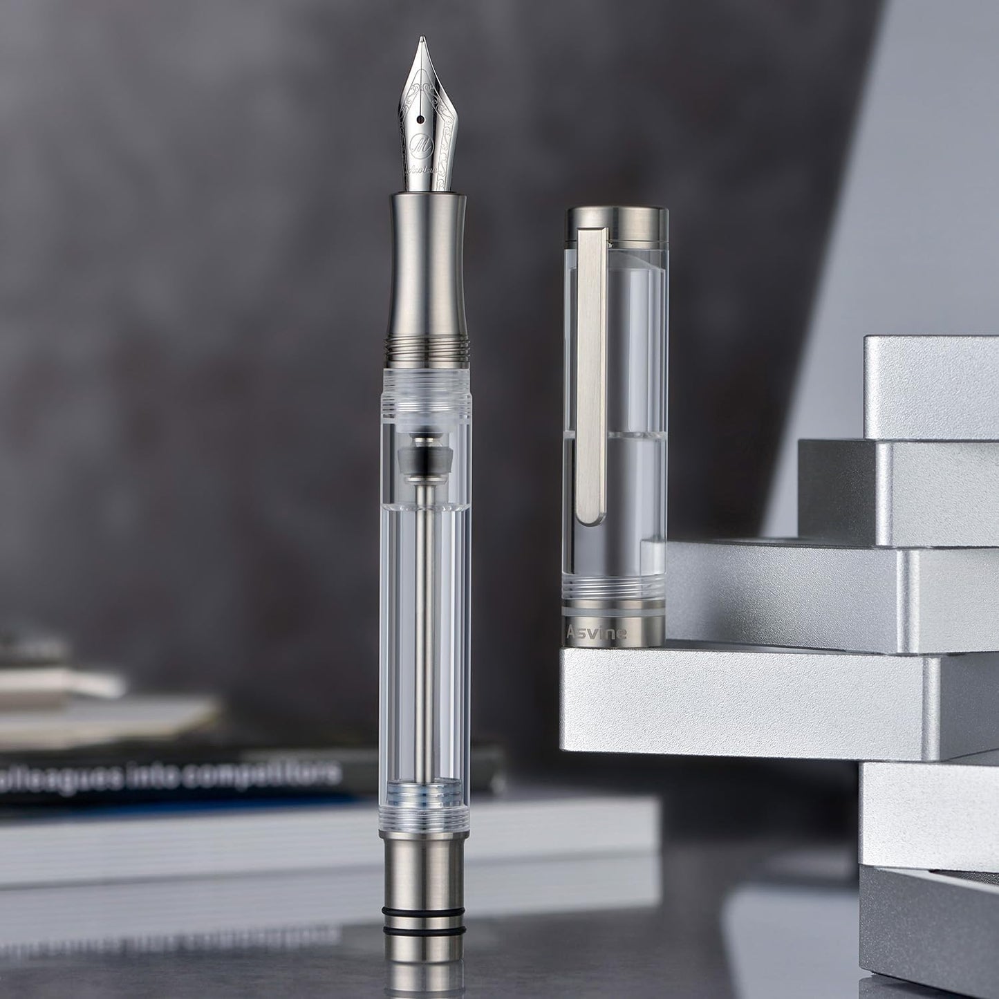 Asvine V200 Titanium Fountain Pen Vacuum Filling, Iridium Medium Nib Clear Transparent Acrylic Smooth Writing Pen Case Set