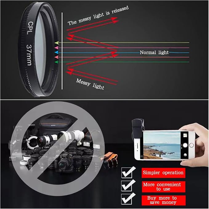 37mm CPL Polarized Phone Camera Lens, Universal Clip On CPL Phone Filter Lens - Image 2