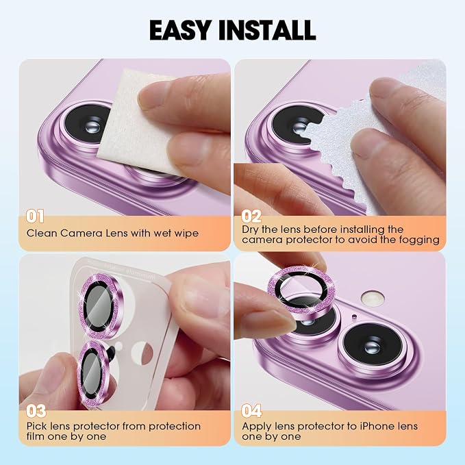 for iPhone 16/16 Plus Camera Lens Protector Bling Individual Metal Glitter Ring - Image 7