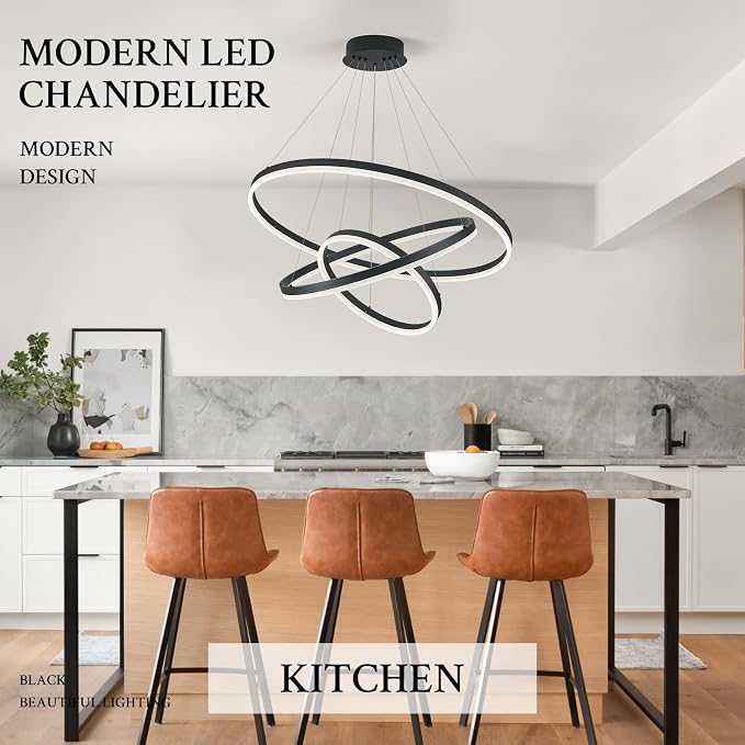 3-Rings Modern LED Chandelier Black, Dimmable Pendant Lighting - Image 9
