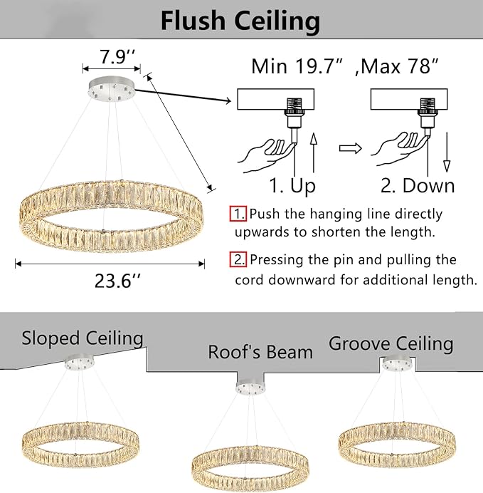 HAIXIANG Modern Crystal Chandelier Dimmable LED Ring Pendant Lights Adjustable - Image 2