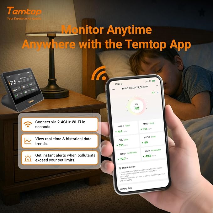Temtop WiFi Air Quality Monitor M100 2nd Gen, 7 Inch Touchscreen CO2 Detector & - Image 4